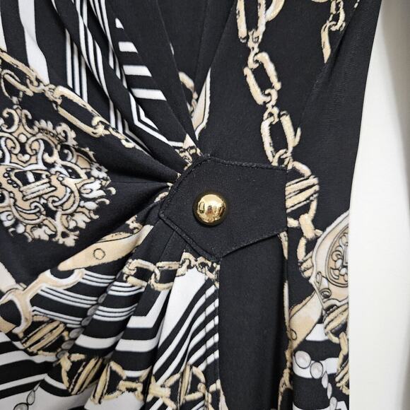 Cache Faux Wrap Dress Size M Chain Pearl Print Black Deep V Stretch 3/4 Sleeve - Picture 5 of 10